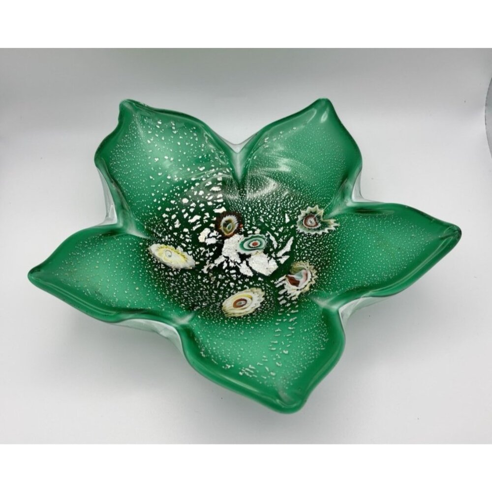 Vintage Fratelli Toso Murano Italy Green Glass w/ Millifiori Candy Dish Ashtray